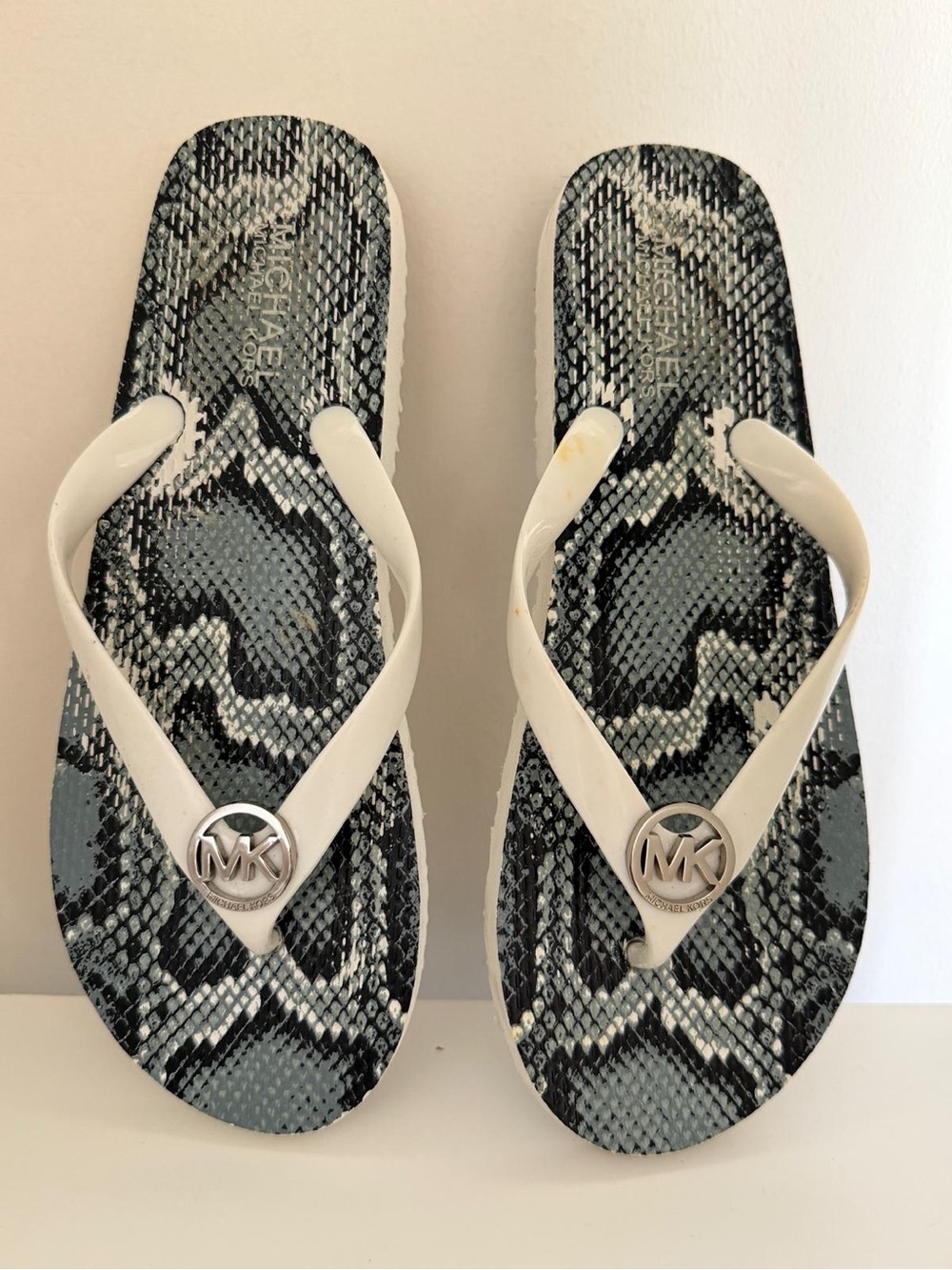 Michael Kors White Strap Snake-Print Flip Flops with Silver Logo